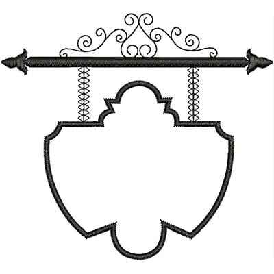 An embroidery design of a decorative sign with a scrolling top and a blank shield-shaped body for personalization.