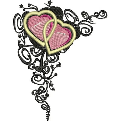 An embroidery design of two intertwined hearts in pink, surrounded by elegant swirling vines and decorative elements.