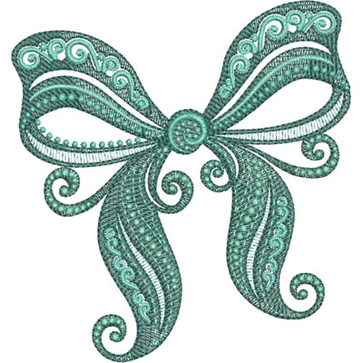 An embroidery design of an elegantly crafted teal bow featuring intricate swirls and pearl-like embellishments.