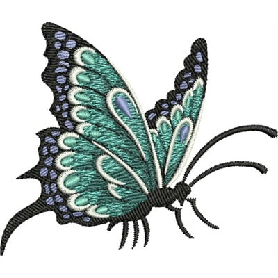 An embroidery design of a vibrant teal butterfly with intricate detailing and contrasting black accents.