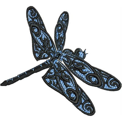 An embroidery design of a dragonfly featuring intricate black outlines and vibrant blue accents.