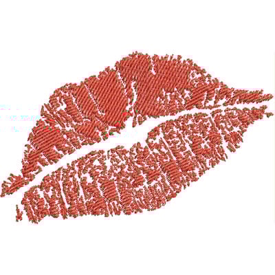 An embroidery design of a vibrant red lip print, showcasing intricate details and textures.
