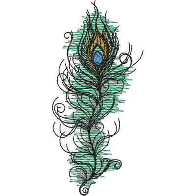 An embroidery design of an intricate peacock feather featuring vibrant colors and elegant swirls.