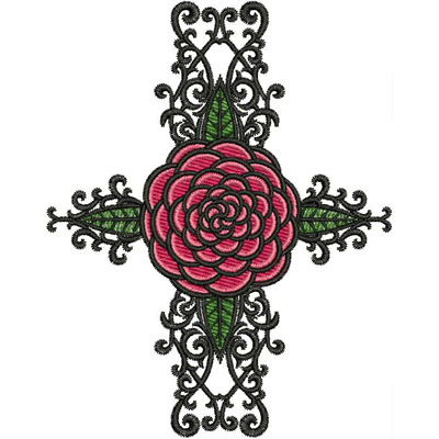An embroidery design of a large pink rose at the center, surrounded by intricate black scrollwork and green leaves.