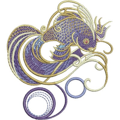An embroidery design of a flowing, stylized fish with intricate detailing in shades of purple and gold.