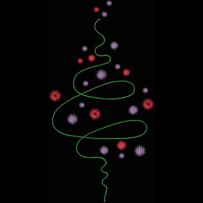 An embroidery design of a whimsical Christmas tree made with a green spiral and adorned with colorful stars in red and purple.
