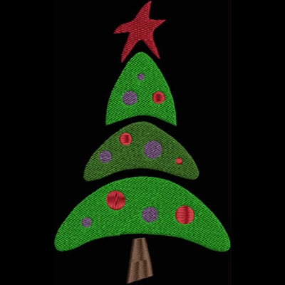 An embroidery design of a stylized Christmas tree featuring three green layers adorned with colorful ornaments and topped with a red star.