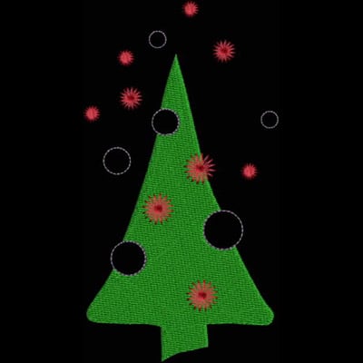 An embroidery design of a green Christmas tree adorned with decorative red and black elements.