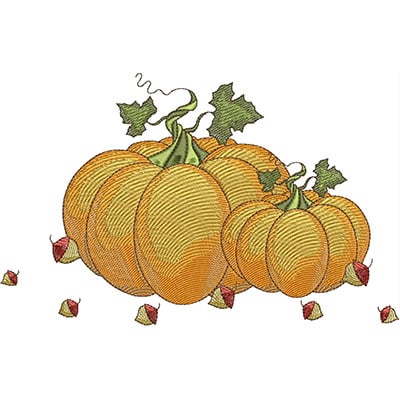 An embroidery design of several orange pumpkins with green leaves and small red accents scattered around.