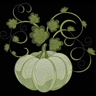 An embroidery design of a green and white pumpkin with delicate swirling vines and leaves.