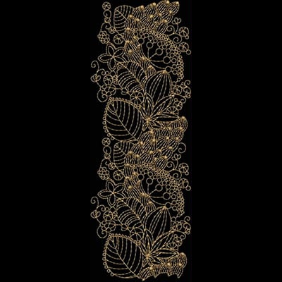 An embroidery design of intricate floral and leaf patterns intertwined with delicate swirls and shapes.