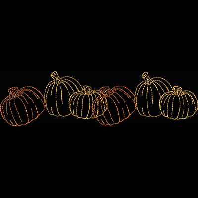 An embroidery design of several stylized pumpkins in varying sizes and shades of orange and yellow.