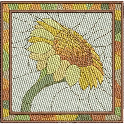 An embroidery design of a vibrant sunflower with layered petals and intricate stitching details.