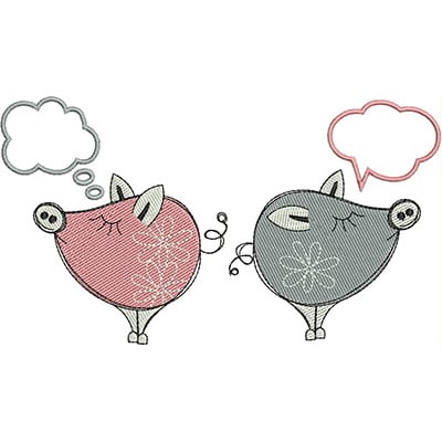 An embroidery design of two whimsical pigs, one in pink and the other in gray, each with playful expressions and thought bubbles above them.