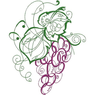 An embroidery design of intertwined green leaves and purple grapes with flowing swirls and delicate details.