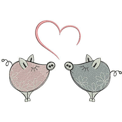An embroidery design of two cute, chubby pigs, one pink and one gray, gazing affectionately at each other with a heart shape above them.