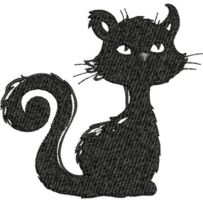 An embroidery design of a whimsical black cat with a curled tail and expressive eyes.