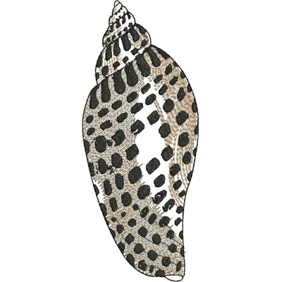An embroidery design of a intricately patterned seashell featuring a combination of black, white, and beige colors.