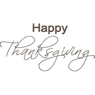 An embroidery design of elegantly scripted text that reads "Happy Thanksgiving."