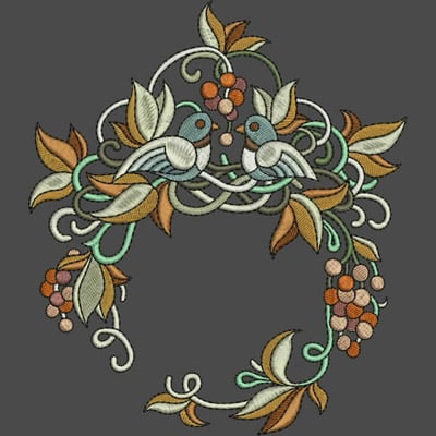 An embroidery design of two stylized birds nestled among delicate leaves and swirls, accented with clusters of berries.