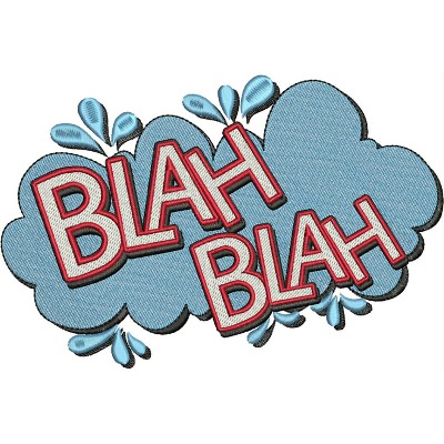 An embroidery design of the phrase "BLAH BLAH" in bold, red letters on a soft blue cloud-shaped background with small water droplets.