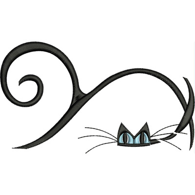 An embroidery design of a playful black cat peeking out with bright blue eyes and a whimsical swirl in its tail.