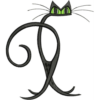 An embroidery design of a stylized black cat with distinctive green eyes and playful whiskers.