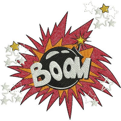 An embroidery design of a bold comic-style explosion featuring the word "Boom" in playful lettering, accompanied by a round bomb and stars.