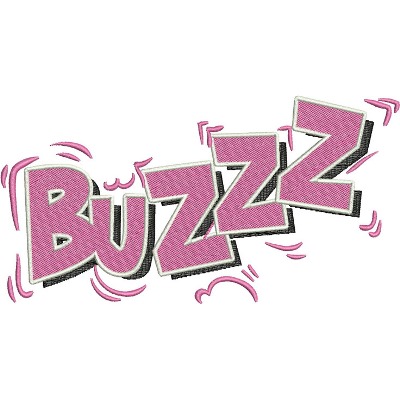 An embroidery design of the word "BUZZZZ" in bold, playful lettering with a vibrant pink color and energetic accents.