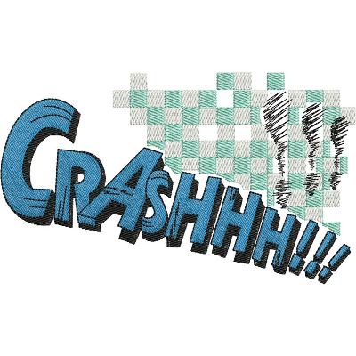 An embroidery design of the word "CRASHHH!!!" in bold blue letters, accompanied by a stylized checkered pattern and dynamic white sound effect lines.