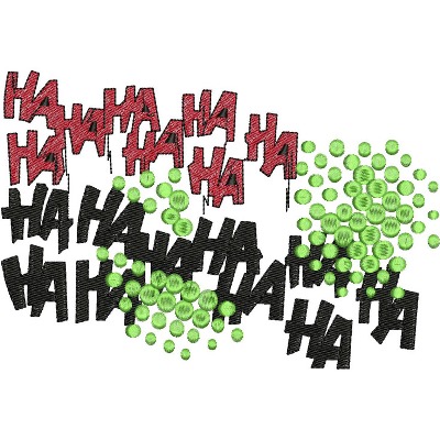 An embroidery design of playful "ha" phrases in red and black, complemented by vibrant green circular embellishments.