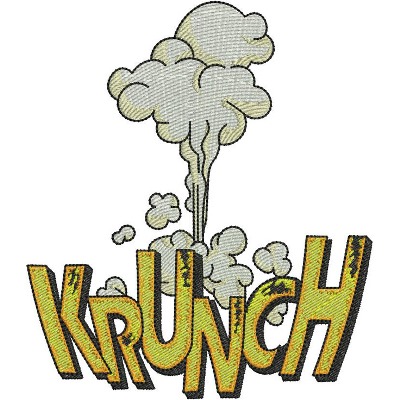 An embroidery design of the word "KRUNCH" in bold yellow letters, accented by playful gray smoke clouds.