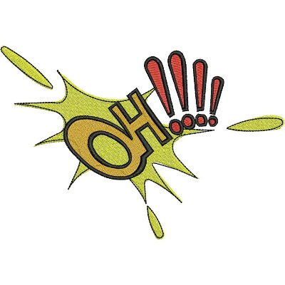 An embroidery design of a comic-style exclamation "OH!!" surrounded by a colorful burst, featuring bold outlines and vibrant colors.