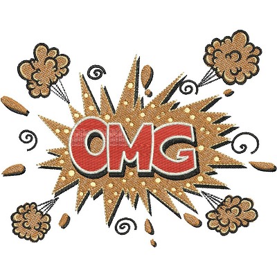 An embroidery design of a playful comic-style explosion featuring the bold letters "OMG" in red, surrounded by cartoonish clouds and decorative elements.