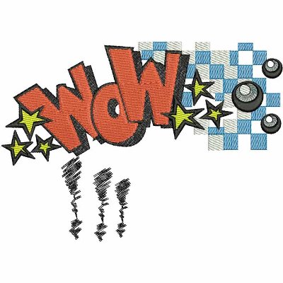 An embroidery design of the word "Wow" in bold red letters, accented with yellow stars and black circles, along with a playful checkered pattern.