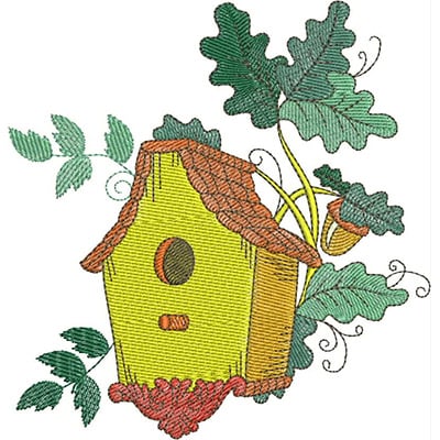 An embroidery design of a charming yellow birdhouse with a brown roof, surrounded by green leaves and vines.
