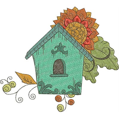 An embroidery design of a charming birdhouse adorned with a vibrant sunflower and leaf motifs.