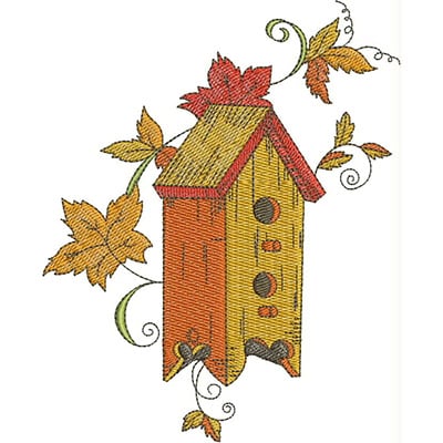 An embroidery design of a colorful birdhouse adorned with vibrant autumn leaves and swirling vines.