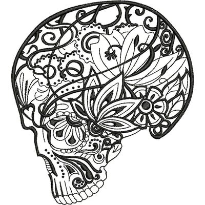 An embroidery design of a decorative skull intertwined with intricate floral and swirl patterns.