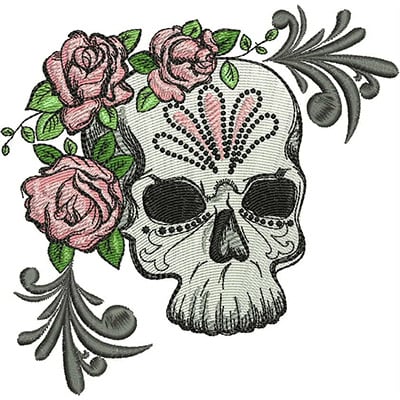An embroidery design of a decorative skull adorned with pink roses and intricate detailing.