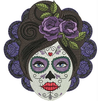 An embroidery design of a decorative sugar skull woman, adorned with vibrant flowers and intricate patterns, featuring a striking face and bold colors.