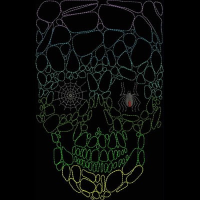 An embroidery design of a skull made of colorful stone-like shapes, featuring a spider and a web.