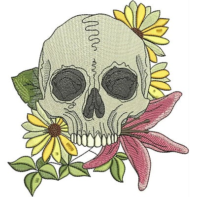 An embroidery design of a skull surrounded by yellow and pink flowers, complemented by green leaves.