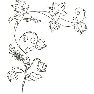 An embroidery design of swirling vines adorned with leaves and decorative floral elements.