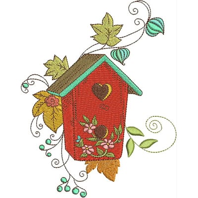 An embroidery design of a vibrant red birdhouse adorned with colorful flowers and leaves, featuring a heart-shaped opening and decorative swirls.