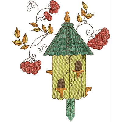 An embroidery design of a charming birdhouse adorned with colorful leaves and berries.