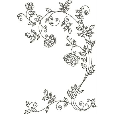 An embroidery design of a graceful vine adorned with clusters of grapes and curling leaves.