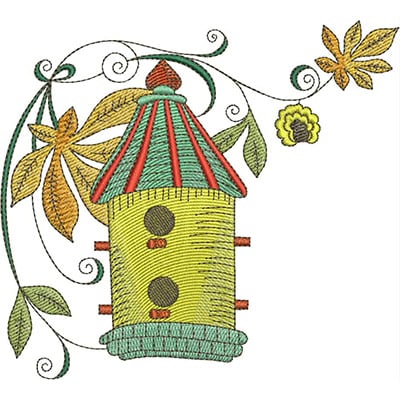 An embroidery design of a colorful birdhouse adorned with playful leaves and flowers.