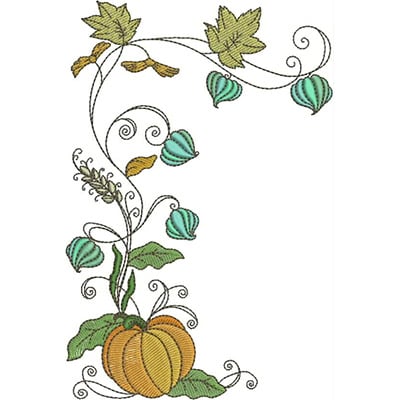 An embroidery design of a whimsical vine featuring a pumpkin, decorative leaves, and various small gourds.
