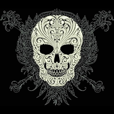 An embroidery design of an intricately detailed skull adorned with swirling floral patterns and decorative elements.